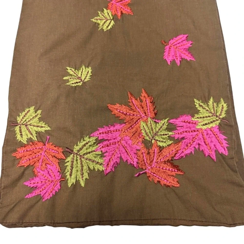 Embroidered Table Runner Brown‎ Pink Green Autumn Fall Leaves Thanksgiving Decor